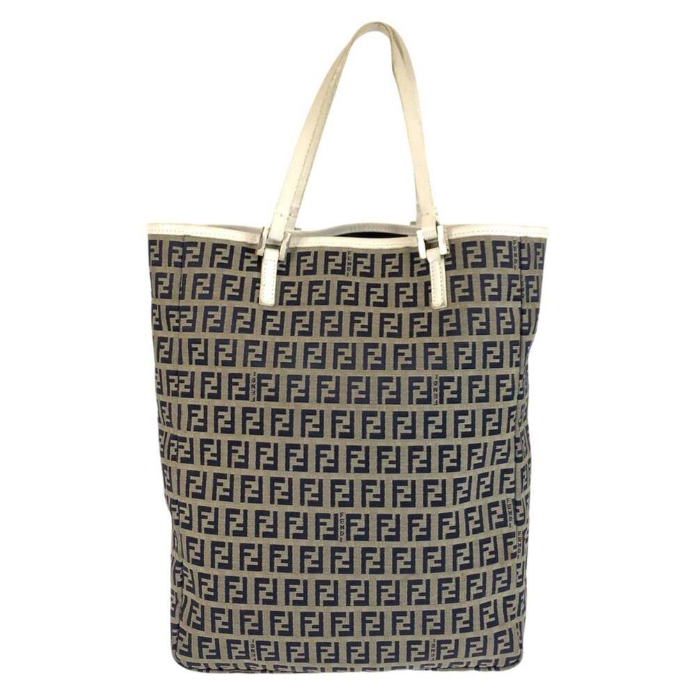 FENDI Zucchino Tote Bag, Gray, White, Silver Hardware, Canvas, Leather, 8BH00...